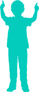 Silhouette of Child Giving Thumbs Up in Standing Pose - PhD Orthodontics Teal silhouette of a young child standing upright with both thumbs up, symbolizing confidence and satisfaction with orthodontic care - PhD Orthodontics